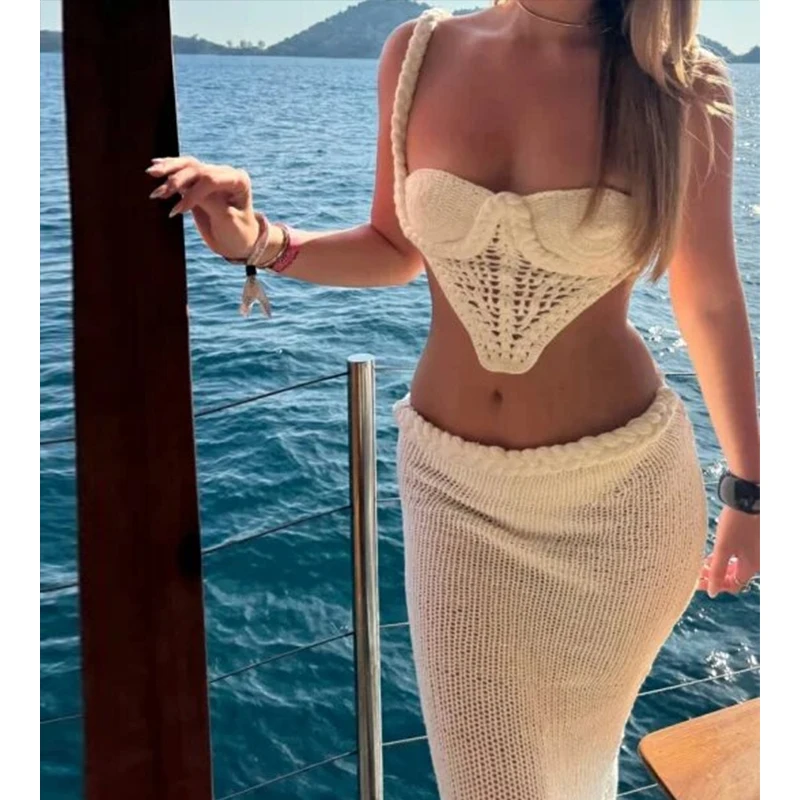 

Cross-Border Bikini Sexy Knitted Beach Dress With a Fitted And Exposed-Chest Design, Sun Protection, Full-Skirted Top And Skirt
