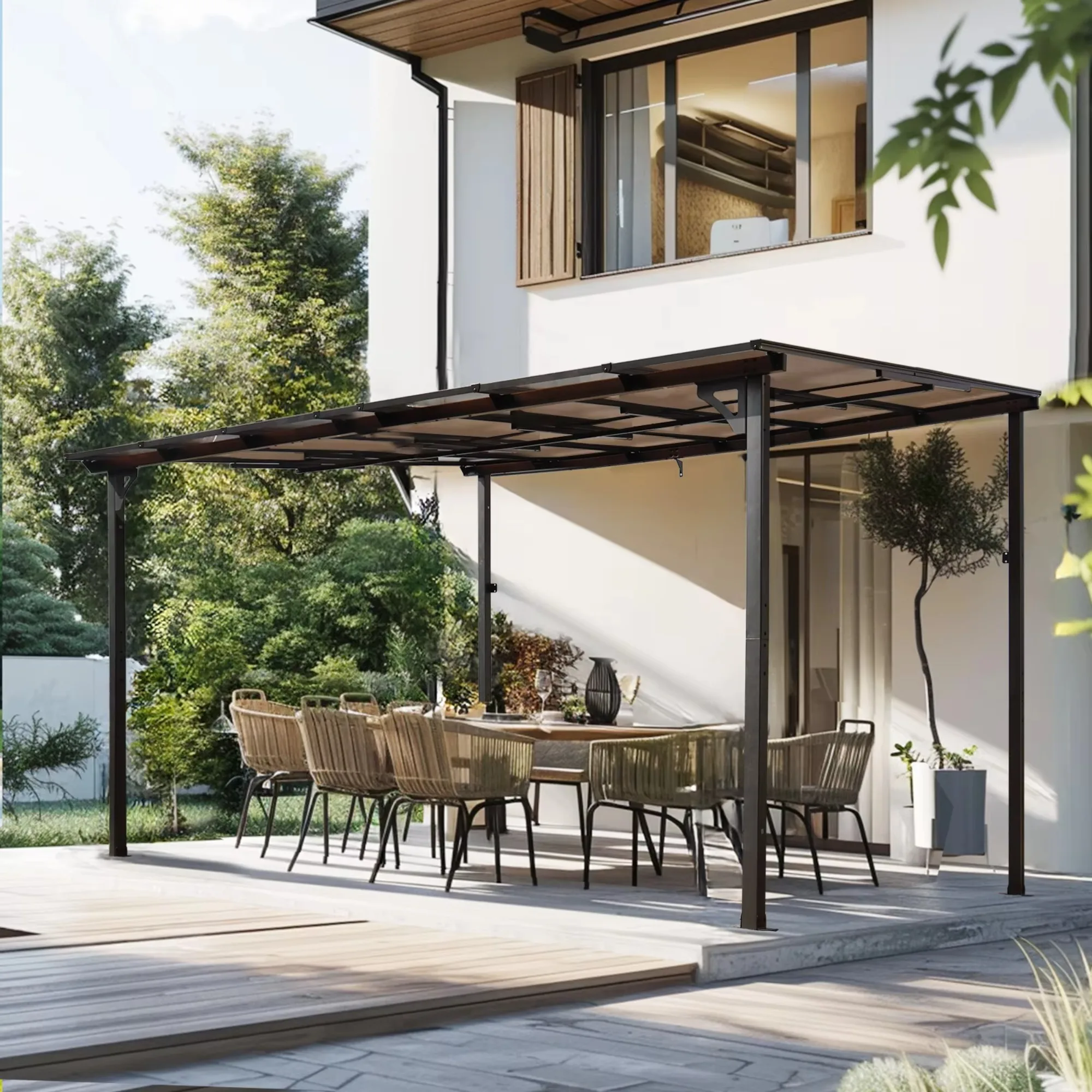 10x12 FT Outdoor Heavy-Duty Metal Awning Gazebo Roof Wall-Mounted Lean Pergola Powder Coated for Large Patio Decks Gardens
