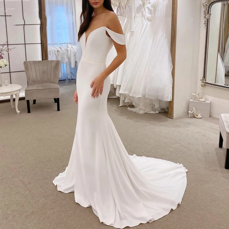 

Elegant Satin Long Mermaid Wedding Dresses White Off Shoulder Buttons Back Floor Length Maxi Bridal Gowns for Women