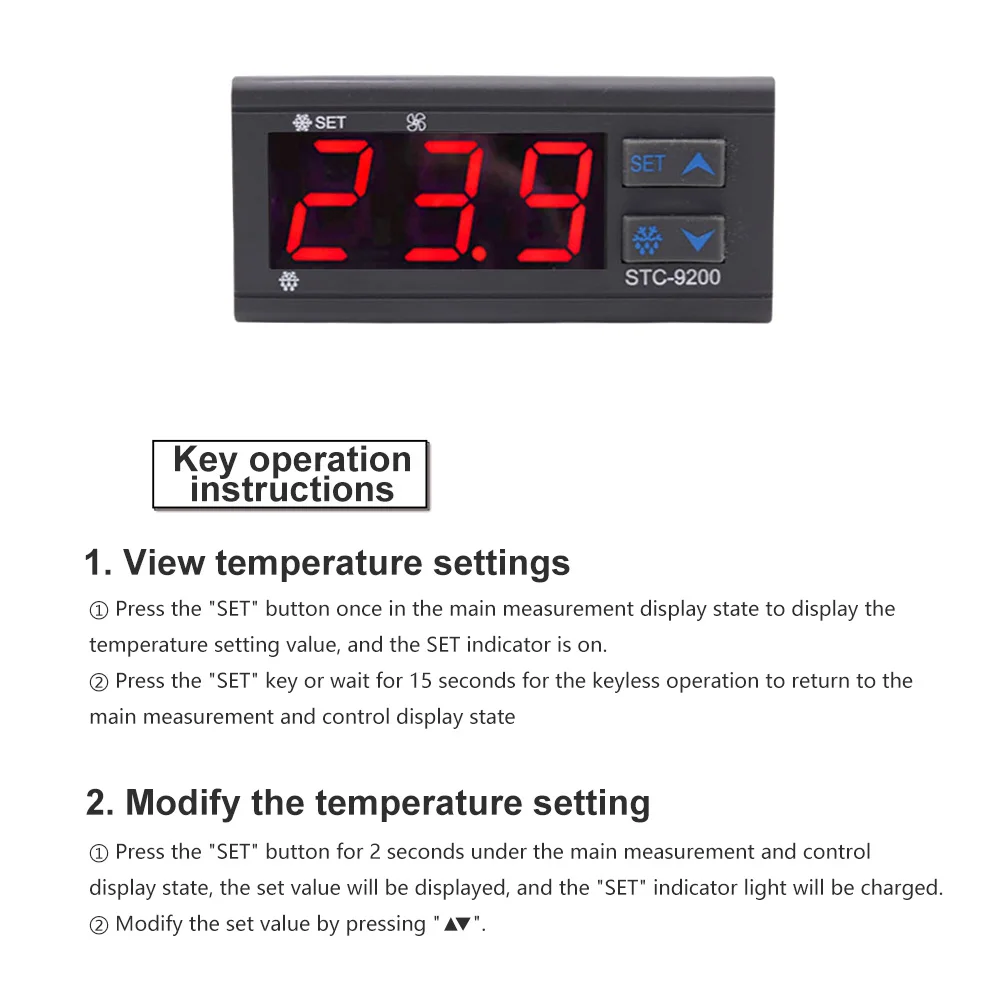 STC-9200 LED Temperature Controller With Refrigeration Defrost Fan Alarm Function And Two Sensors AC 110V-220V DC 24V 12V