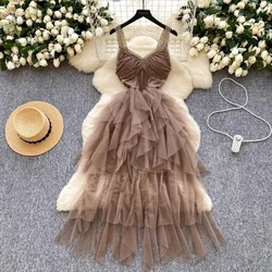 Sexy Lace Mesh Hotsweet Sleeveless Chic Straps Slim Ball Gown Slip Dresses French Vacation Women High Street Summer Clothing