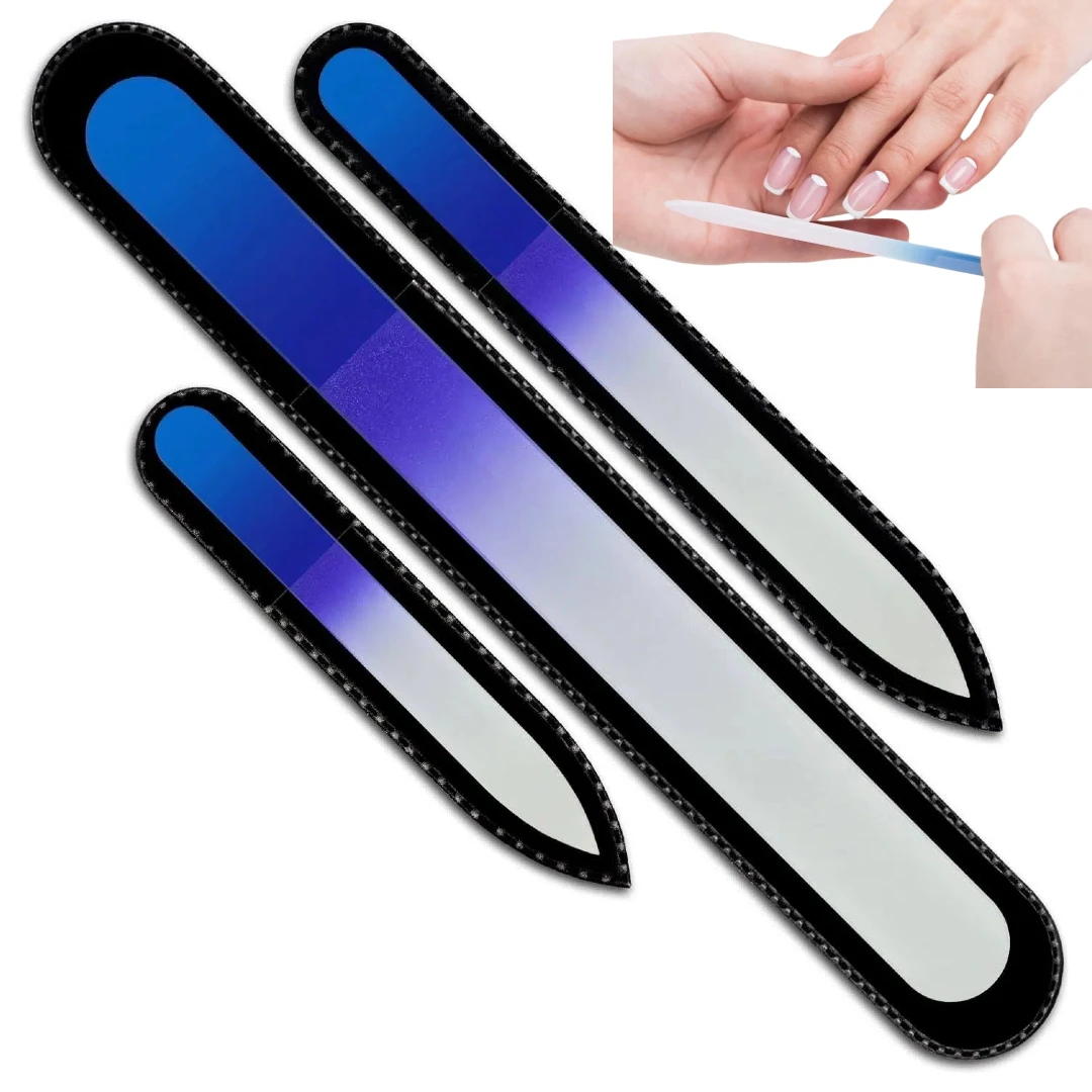Glass Nail Files, 3PCS Premium Nail File Set with Pouch, Washable Double Sided Etched for Natural Nails, Handmade Gift