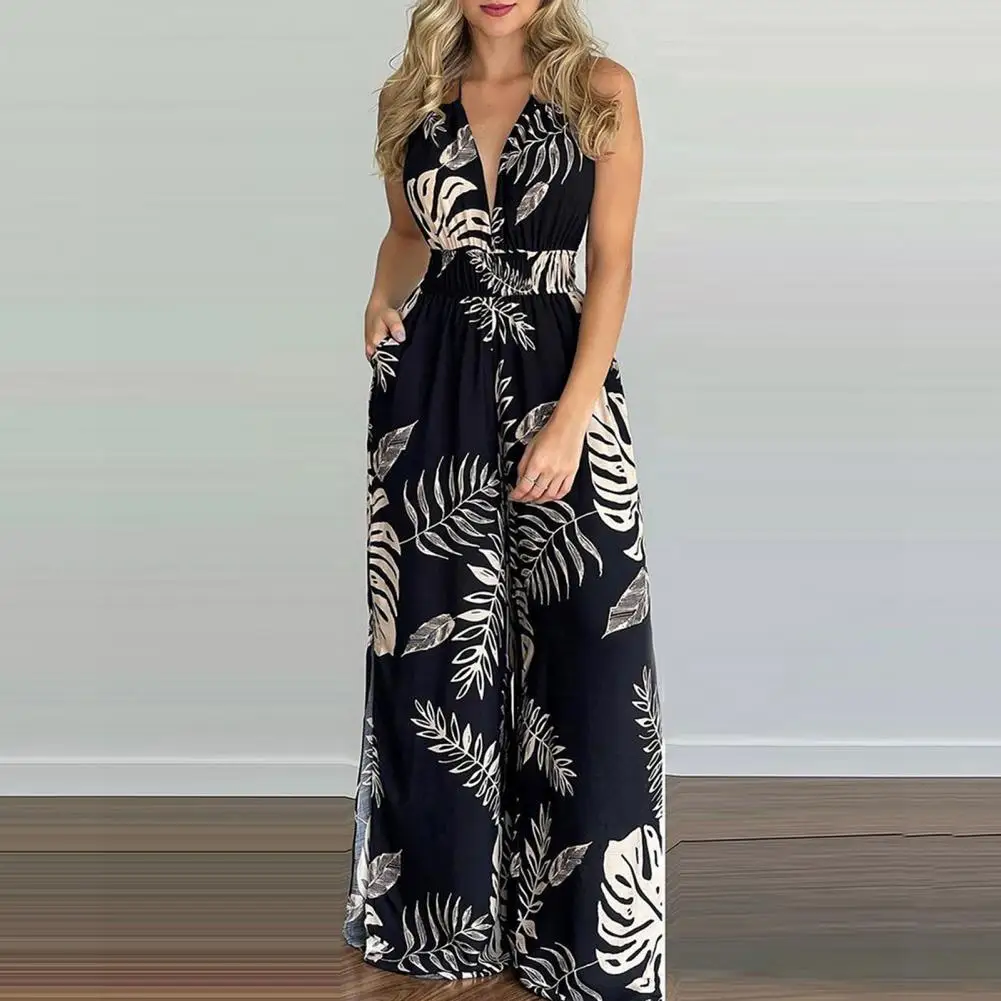 Sexy Sleeveless Halter Jumpsuit Women 2022 Summer Romper Floral Print Wide Leg Long Pants for Women Jumpsuits комбинезон женский