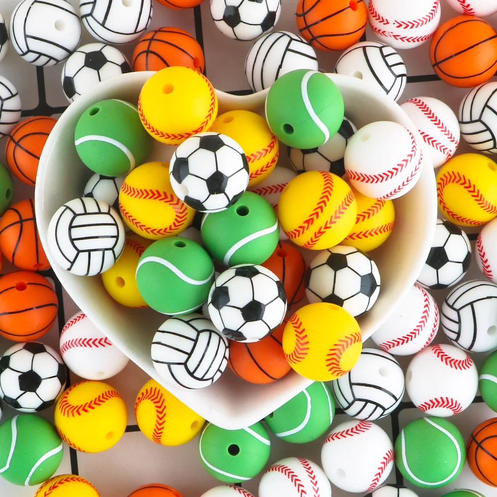 10Pcs/Lot New Printed Silicone Beads 15mm Baseball Tennis Basketball Beads For Jewelry Making DIY Necklace Jewelry Accessorie