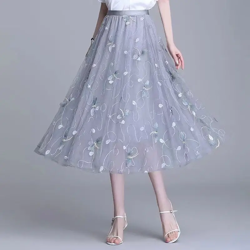 

Temperament Versatile Summer Thin Style Women's Elastic Waist Gauze Embroidery Simplicity Fashion High Waist Loose A-line Skirts
