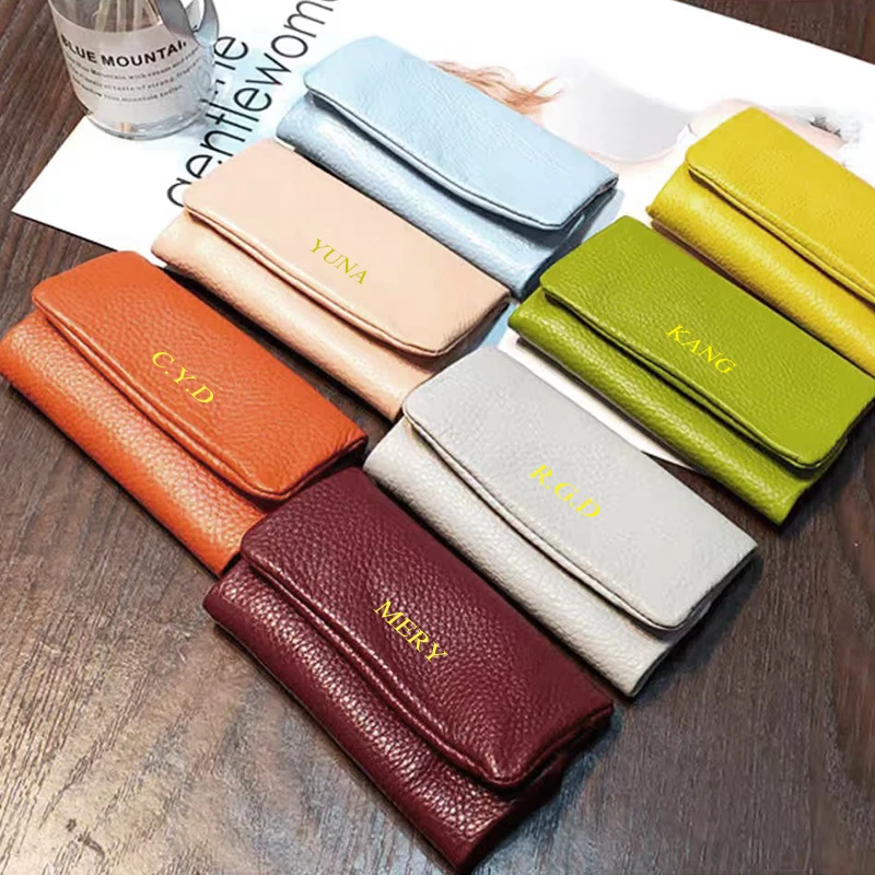 Luxury Genuine Leather Key Chain Wallet Cowhide Custom Initials Coin Purse Fashion Personalized Zip Card Holder Woman Man Pouch