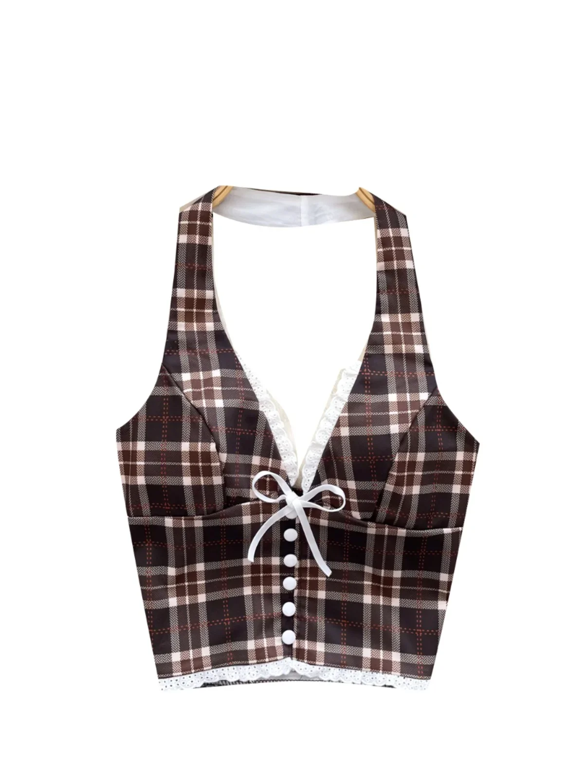 Foamlina Pure Desire Sexy Girl's Halter Plaid Vest Top Women's Summer American Deep V-neck Suspender Waist Cold Short Camis