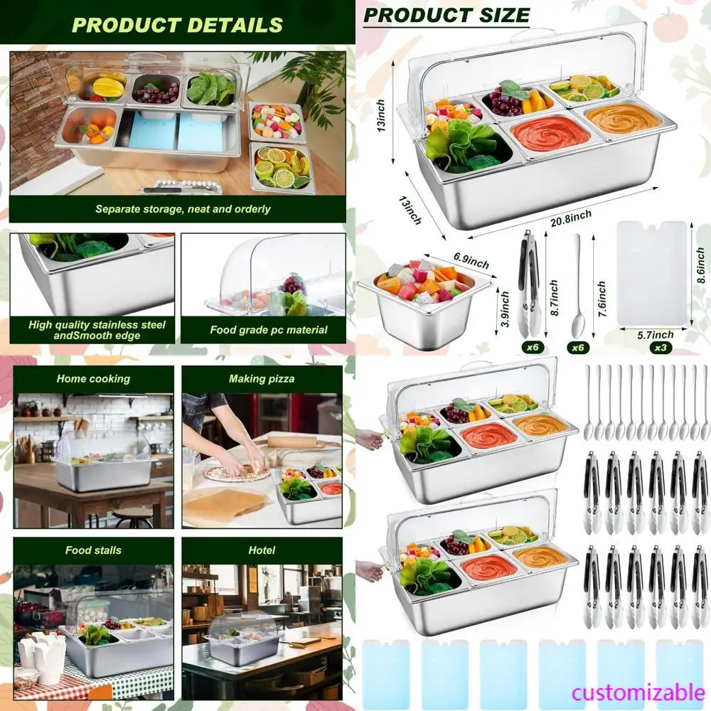 

2-х предметный контейнер для сервировки еды из нержавеющей стали на столешнице с дозатором для приправ и зажимами для крышек