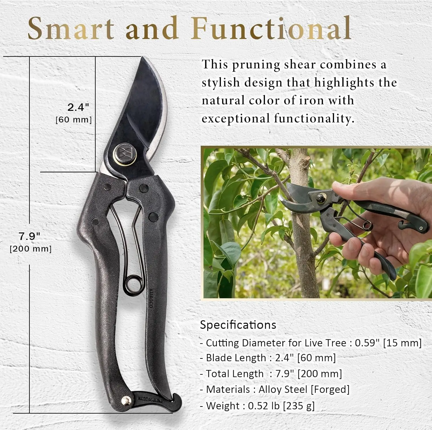 Professional Forged Bypass Pruning Shears 7.9" Japanese Hand Garden Scissors Made in Japan (Standard Model)
