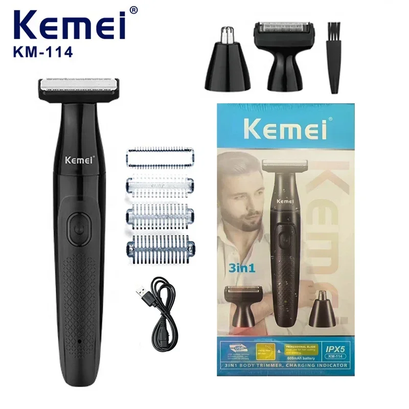 kemei KM-114 USB rechargeable waterproof three in one men's care shaver shaving nose hair trimmer