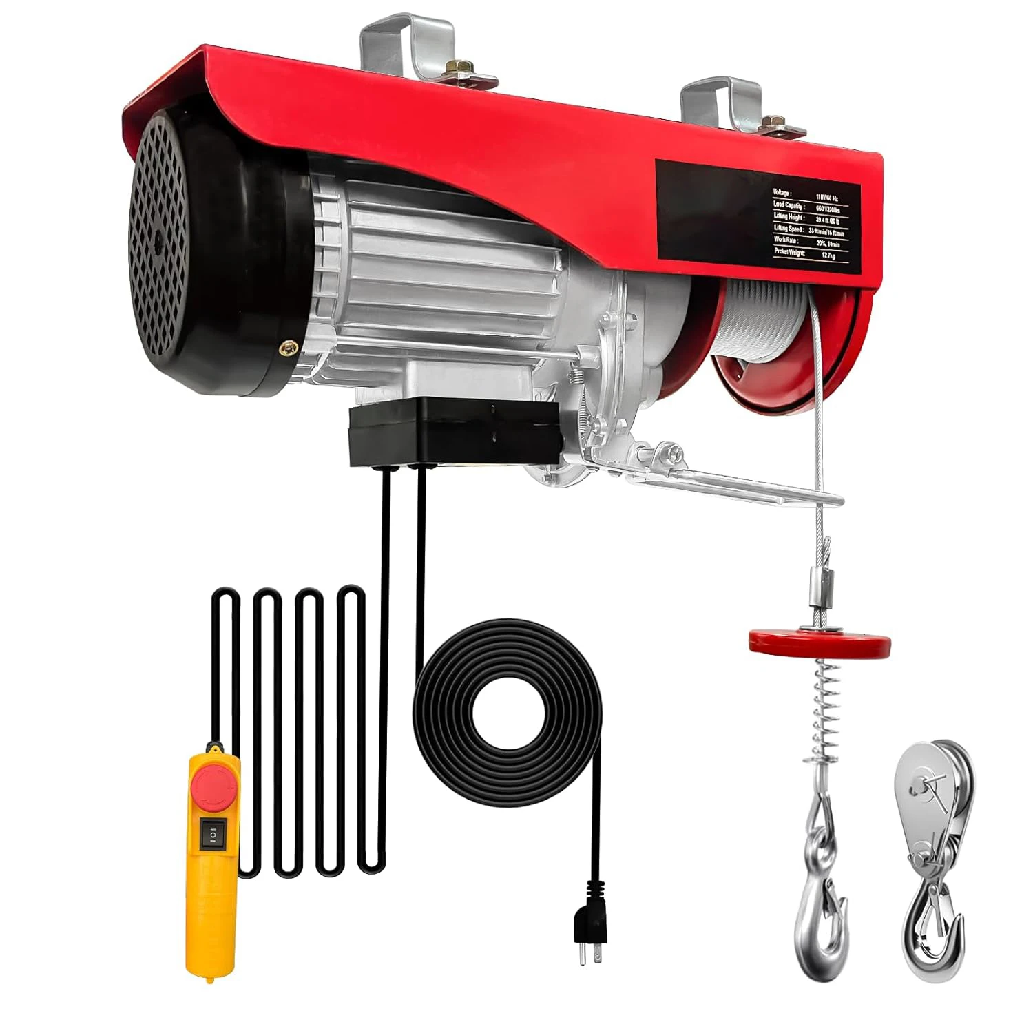 

Electric Hoist 1320 Lbs 110V Winch with Wired Remote Control Electric Winch Single/Double Slings 11m Lifting Height