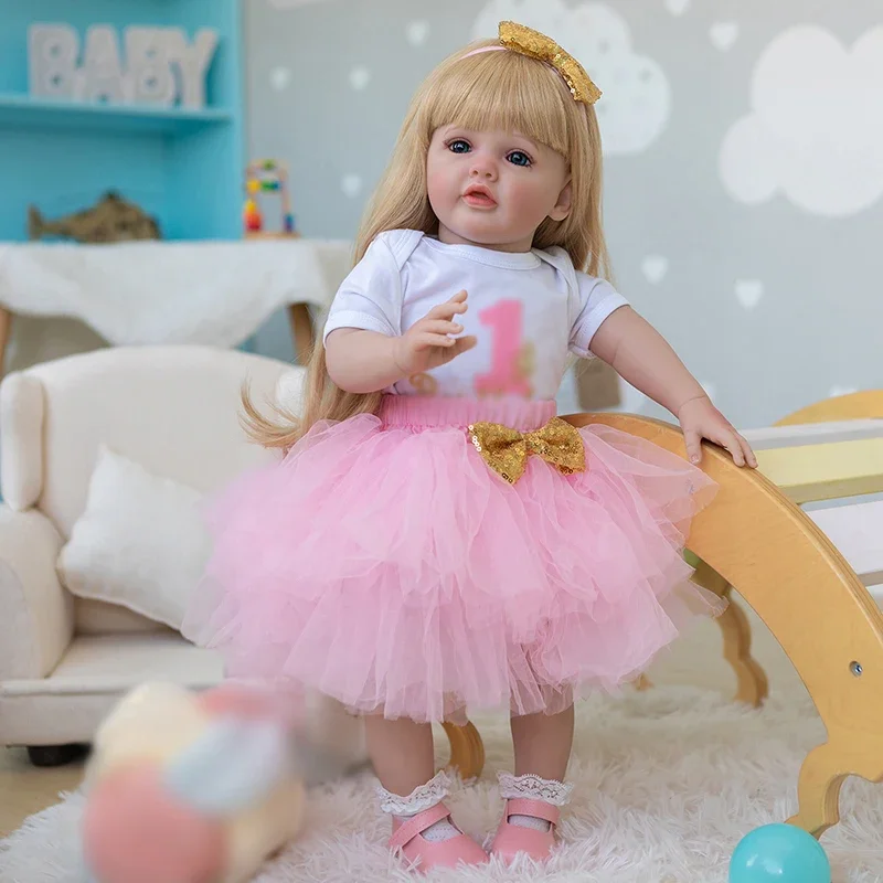 60CM Betty Standing Toddler Girl Princess Reborn Doll Long Blonde Hair in Pink Dress Soft Cuddly Body Gifts for Children