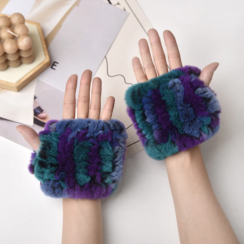 Women's Natural Rex Rabbit Fur Gloves Elastic Knitted Real Fur Mittens Winter Warm Wrist Guards with Exposed Fingers