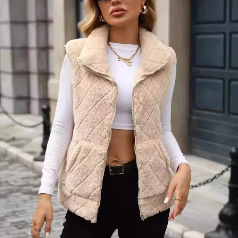 

Autumn Winter Women's Sleeveless Thick Plush Warm Cardigan Waistcoat Zipper Loose Diamond Pattern Vest Jacket Coat