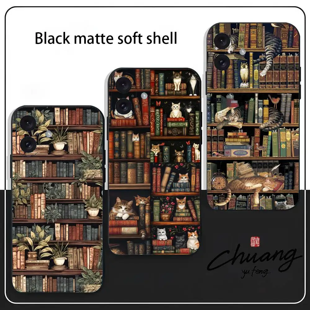 Vintage Bookshelf Kitten Phone Case Stylish Black IPhone 11-16 Frosted TPU UV Painted Anti-drop Phone Cover.