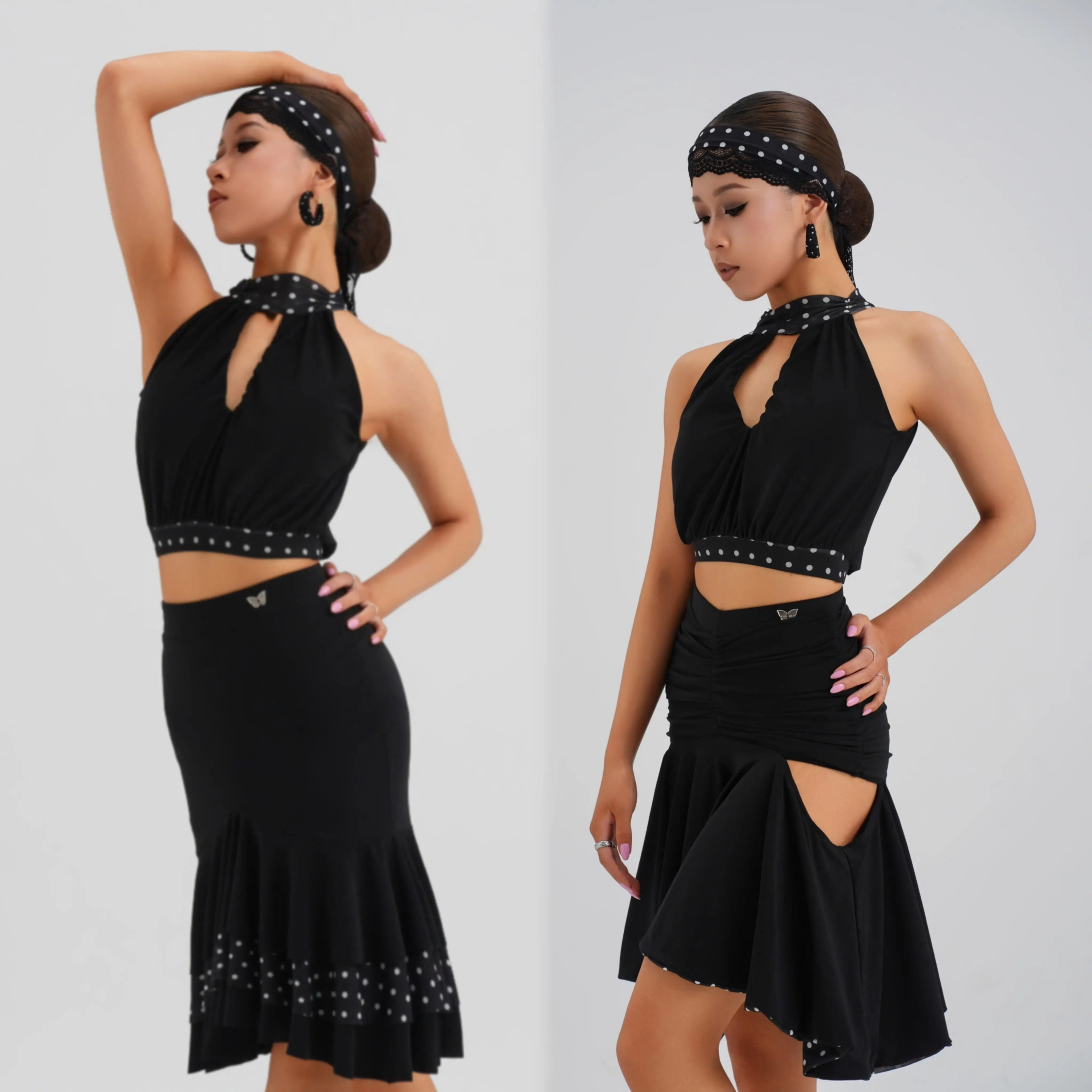 Summer Latin Dance Clothes Black Short Tops Polka Dot Skirt Women Chacha Rumba Dance Practice Clothing Club Dancewear DNV27641