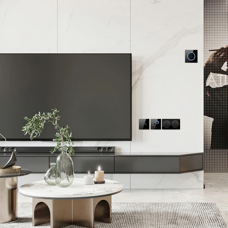 PSSRISE G12 EU UK FR Wall Switch Socket with LED Indicator USB Power Outlet Full Tempered Glass Panel Light Switch USB Socket