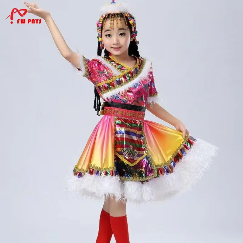 Costumes de danse de nationalité Zang pour filles, vêtements Sinkiang, robe de mongolie chinoise, spectacle festif de minorité ethnique
