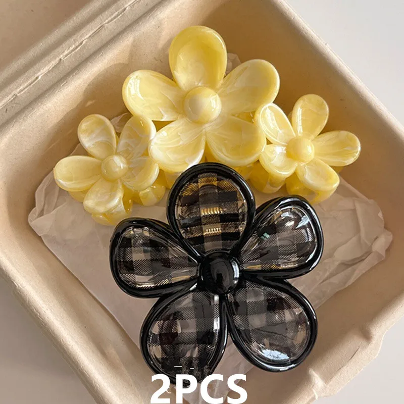 

2PCS Fashion Grid Gripper Flower Grab Hair Claw Clip For Women Elegant Summer Acrylic Shark Hair Claw Barrettes Hair Accessories