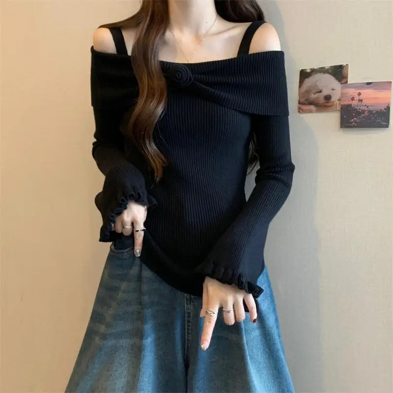 

Off Shoulder Knitted Pullovers Autumn Winter Elegant Slash Neck Women's Clothing Floral Three-dimensional Basic Folds T-shirt