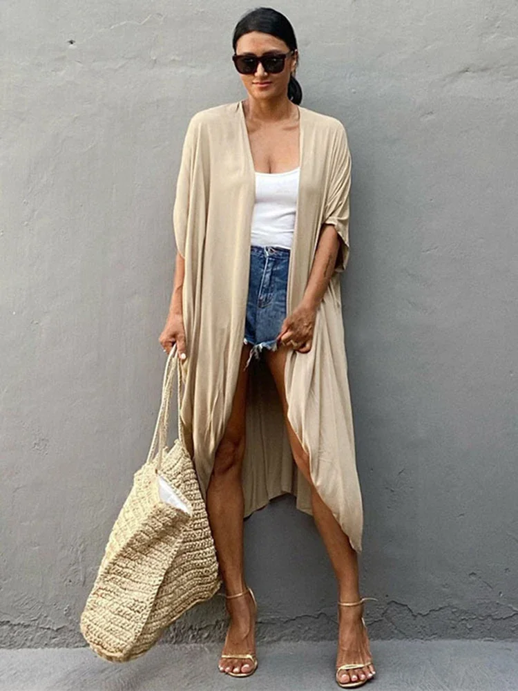 2025 nuevo vestido playero liso para mujer, vestido largo de playa con cordones de talla grande, moda de verano, ropa de playa para vacaciones para mujer