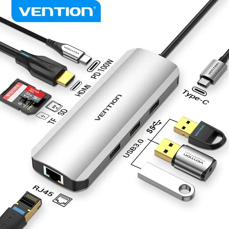 VENTION USB HUB 4K HDMI Adapter 8 in 1 Splitter with RJ45 USB 3.0 SD TF PD 100W Dock for PC MacBook Pro Air M2 M1 USB C HUB