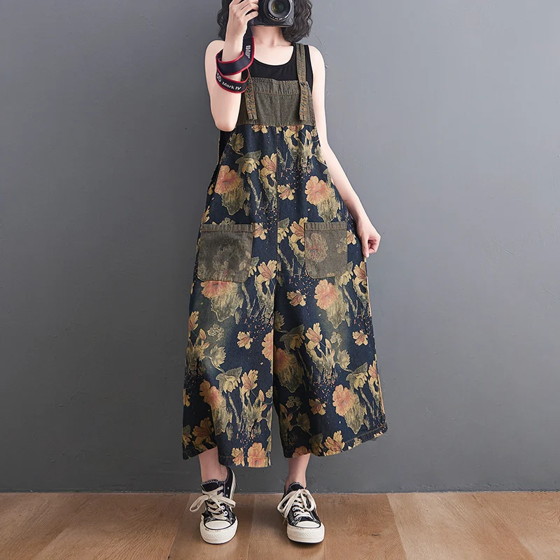 Zoete bloemen bedrukte denim jumpsuit dames zomer 2025, nieuwe grote maat mode zakoverall losse wijde pijpen enkellange broek
