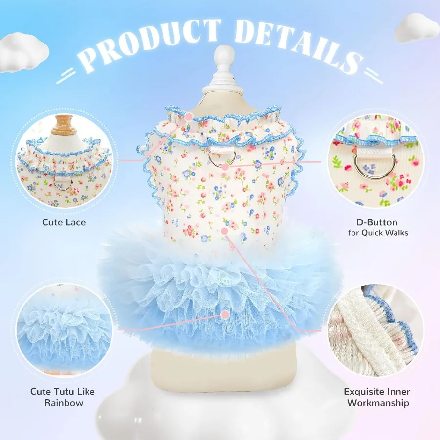 فستان على شكل كلب قطة مزين بالزهور مع توتو irt ملابس أليفة قابلة للتنفس قابلة للتمدد للكلاب الصغيرة والبنات والقطط والجراء وحفلات أعياد الميلاد BlueSm