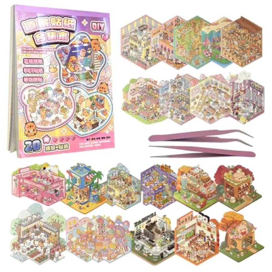 

3D Sticker Book Scene, 20 Sets DIY Miniature World Craft Kit, Art Therapy Activity for Adults,,Family Fun