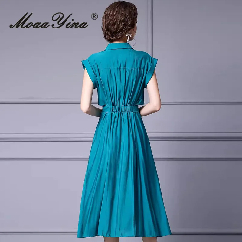 MoaaYina Summer Fashion Designer High Quality Women Dress Vintage Solid Color Single Breasted Sashes Chiffon Temperament Dresses