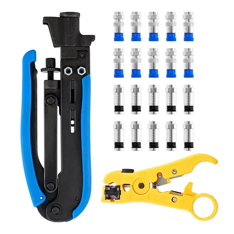 Kit de herramientas para crimpar cables coaxiales RG59/6, alicates para pelar y crimpar cables con 20 conectores F para RG6 RG59 RG11