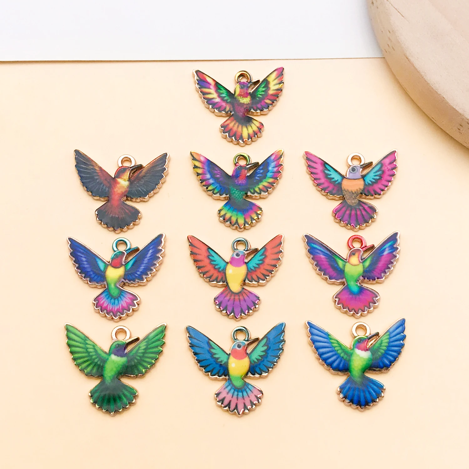 Breloques en alliage coloré en forme de colibri, 19x21mm, accessoires de bricolage, artisanat pour colliers, boucles d'oreilles, porte-clés, fabrication de bijoux, 5/10 pièces