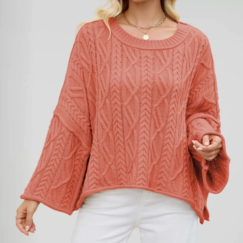 

2026 однотонный вязаный свитер с круглым вырезом, пуловер, осень-зима, модные трикотажные пуловеры для женщин, теплые свободные топы с длинными рукавами