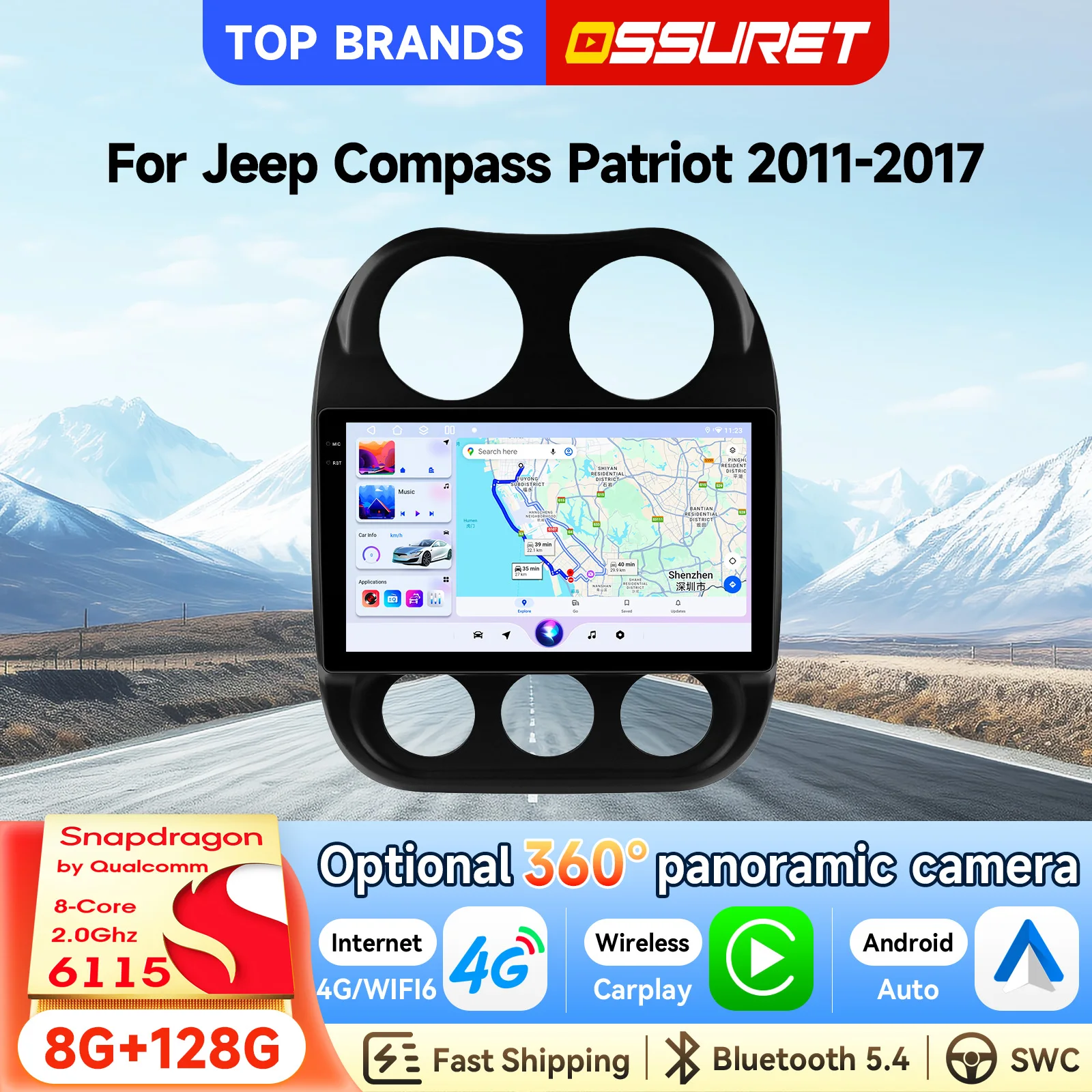 OSSURET Opzionale 360 ° Autoradio Android 15 con telecamera AHD 2 Din 9'' per Jeep Compass Patriot 2011-2017, navigazione GPS, schermo intelligente, unità principale, CarPlay wireless, Android Auto,