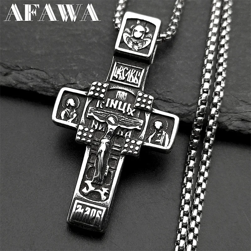 

Russian Orthodox Jesus Cross Pendant Necklace for Women Men Stainless Steel Crucifix Baptism Prayer Chain Necklaces Jewelry
