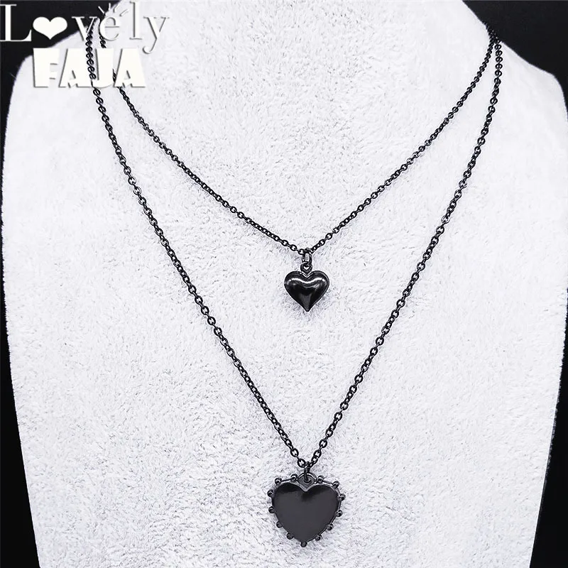 2 PCS Gothic Double Layer Heart Stainless Steel Pendant Necklace Women Black Color Statement Necklace Jewelry collier NK47S03