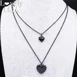 2 PCS Gothic Double Layer Heart Stainless Steel Pendant Necklace Women Black Color Statement Necklace Jewelry collier NK47S03