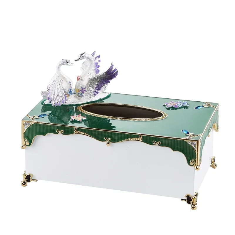 

NOSHMAN Christmas Gift Caja de panuelos European Style Living Room Decor Handmade Swan Enamel Metal Tissue Box