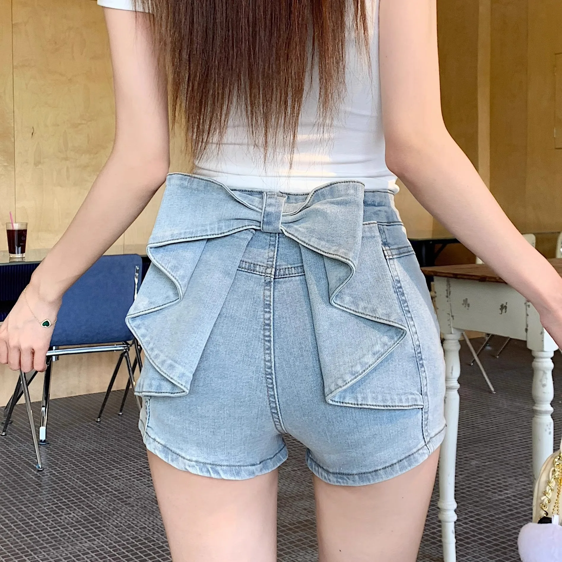 Women's Sexy Denim Shorts  Y2K Petite High Waisted Hip Lifting Shorts with Personality 3D Bow Detail Slim Summer Hot Pants