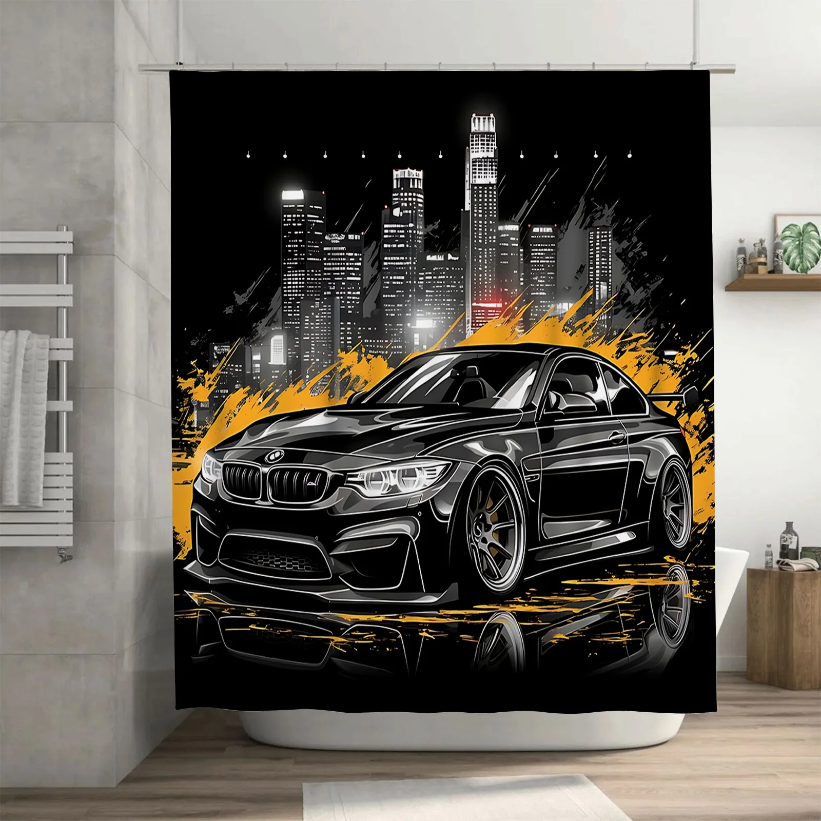 

Стильная серая автомобильная занавеска для душа для современной ванной комнаты, город, ночной вид, дизайнерское украшение, водонепроницаемые прочные нержавеющие крючки ‌