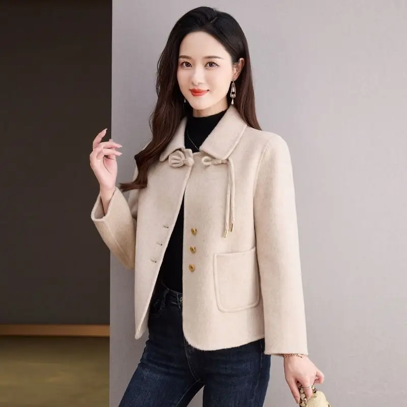

2025 New Arrival Women's Short Wine Red Wool Coat Autumn Winter Style Adjustable Tie Belt Petite Friendly Stylish Elegant