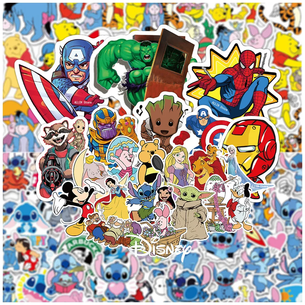 

50/100pcs Disney Marvel Stickers Anime Princess Spider-Man Iron Man Hulk Stitch Mickey Mouse Decal Cute Cartoon Sticker for Kids