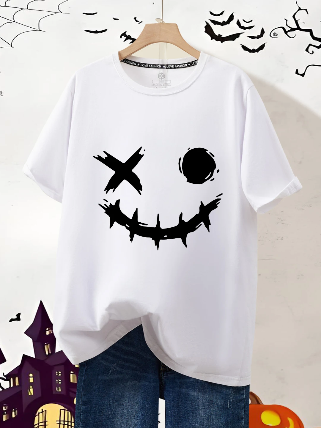 

Креативная хлопковая футболка свободного кроя для пары на Хэллоуин ort Sve, повседневная удобная дышащая впитывающая пот круглая футболка Ne