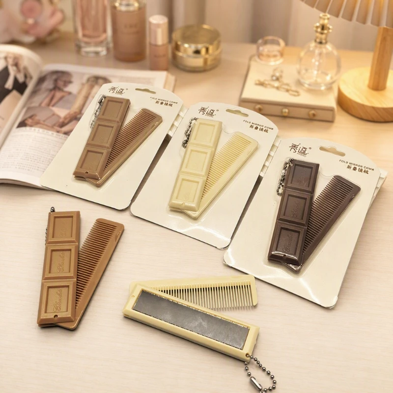 Creative 2-in-1 Folding Comb Chocolate-Shaped with Mirrors Hair Combs for Women Girls Students Portable Mini Styling Tools Gifts