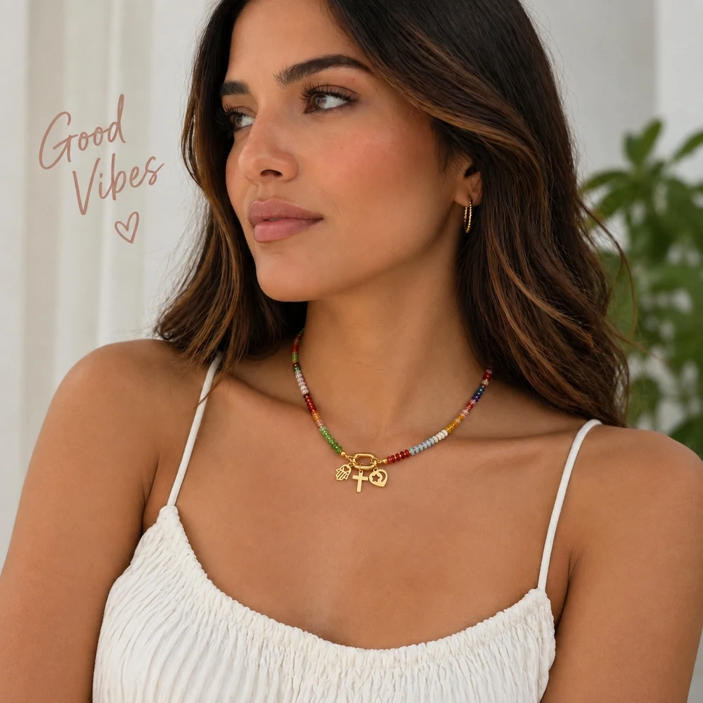 1pc Trendy Cross Pendant Beaded Necklace with Semi-Precious Stone Beads Stainless Steel Lobster Clasp for Women Party
