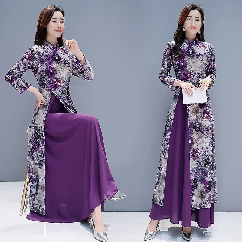 Purple Chinese Style Dress Cheongsam Women Modern Improve Eleganti Long Qipao Spring Autumn Vintage Female Vietnam Ao Dai  Dress