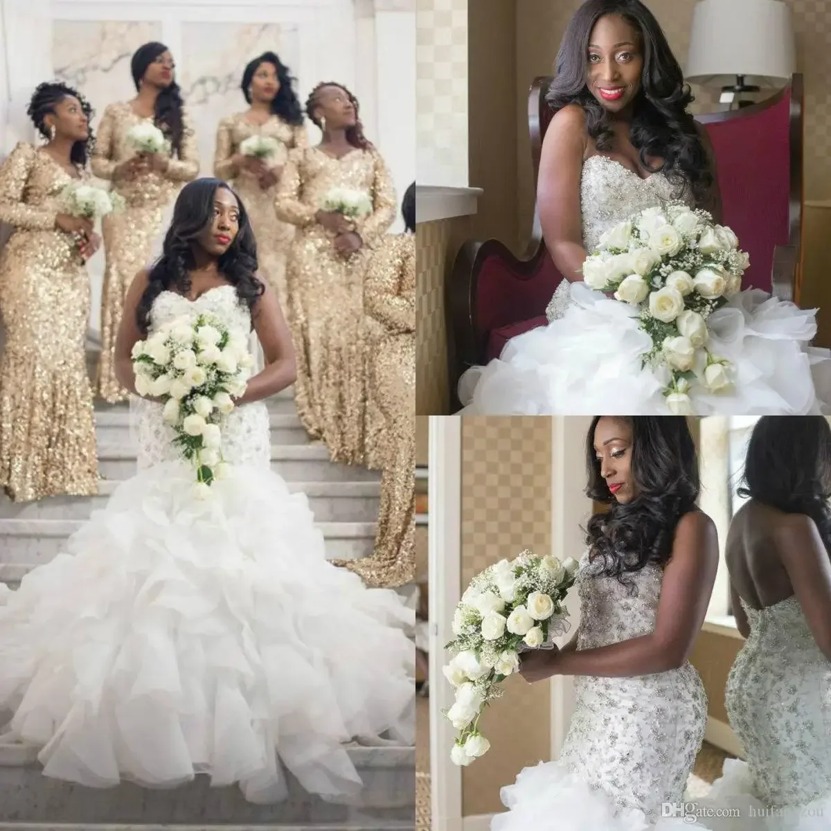 

Customized Plus Size African Mermaid Wedding Dress Sweetheart Major Beading Tiered Skirts Bridal Gowns Sweep Train Garden Weddin