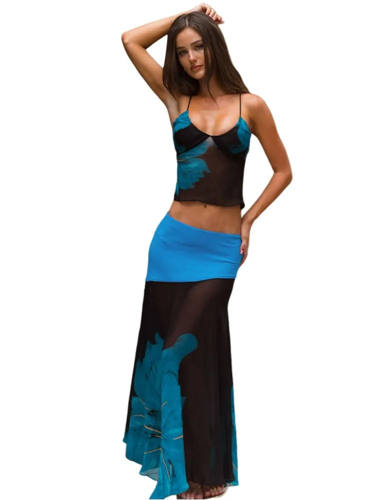 Roupa de banho saia cover-up 2 peça conjunto feminino colheita topos e saia maxi maiô moda sólida oco sexy praia cobrir outfits