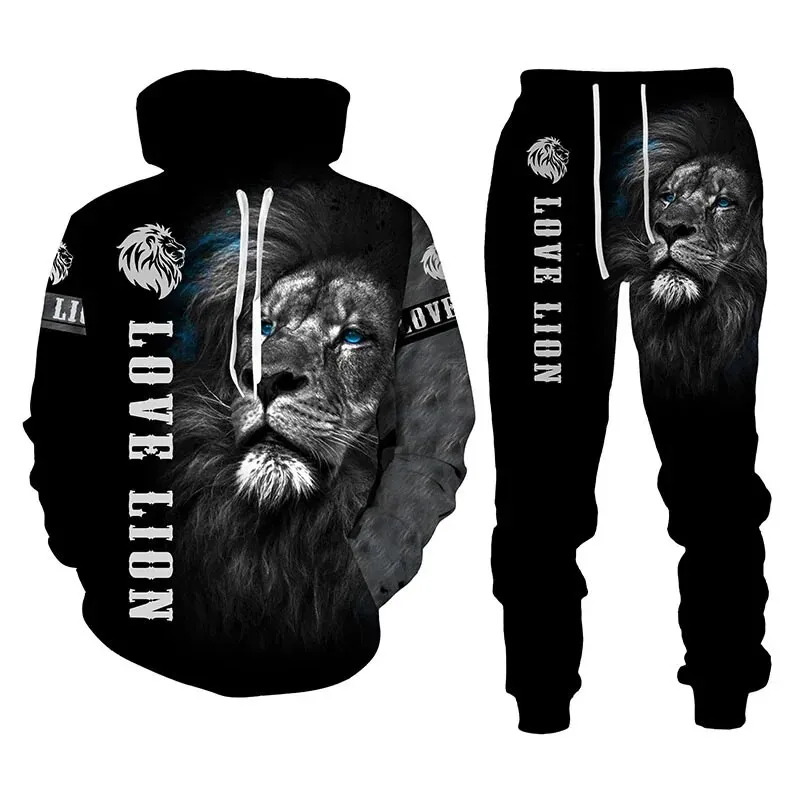 2023 Autumn New Lion Hoodie 3D Printing Men\'s Sportswear Sweatpants 2PK Set Men Sweatshirt Pullover Fashion Men\'s clothing Suit