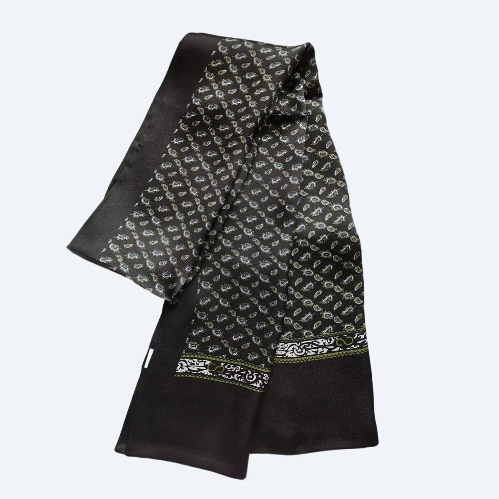 Men's 100% Silk Paisley Scarf Vintage Long Double Layer Neckerchief Cravat Elegant Black Grey